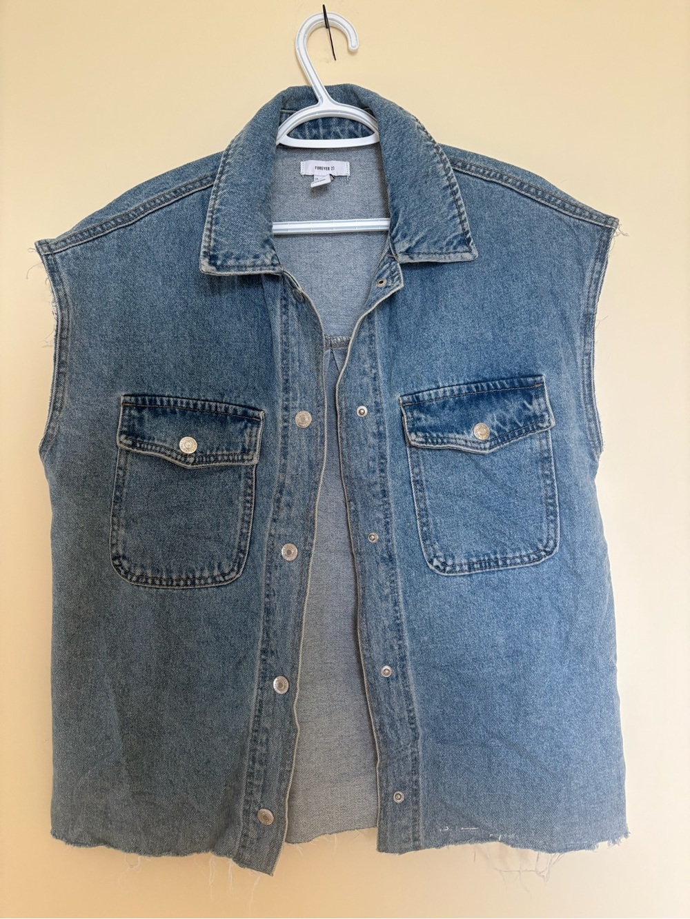 Forever 21 Blue  Y2K Denim Sleeveless Vest with Raw Hem and Snap closure Size S
